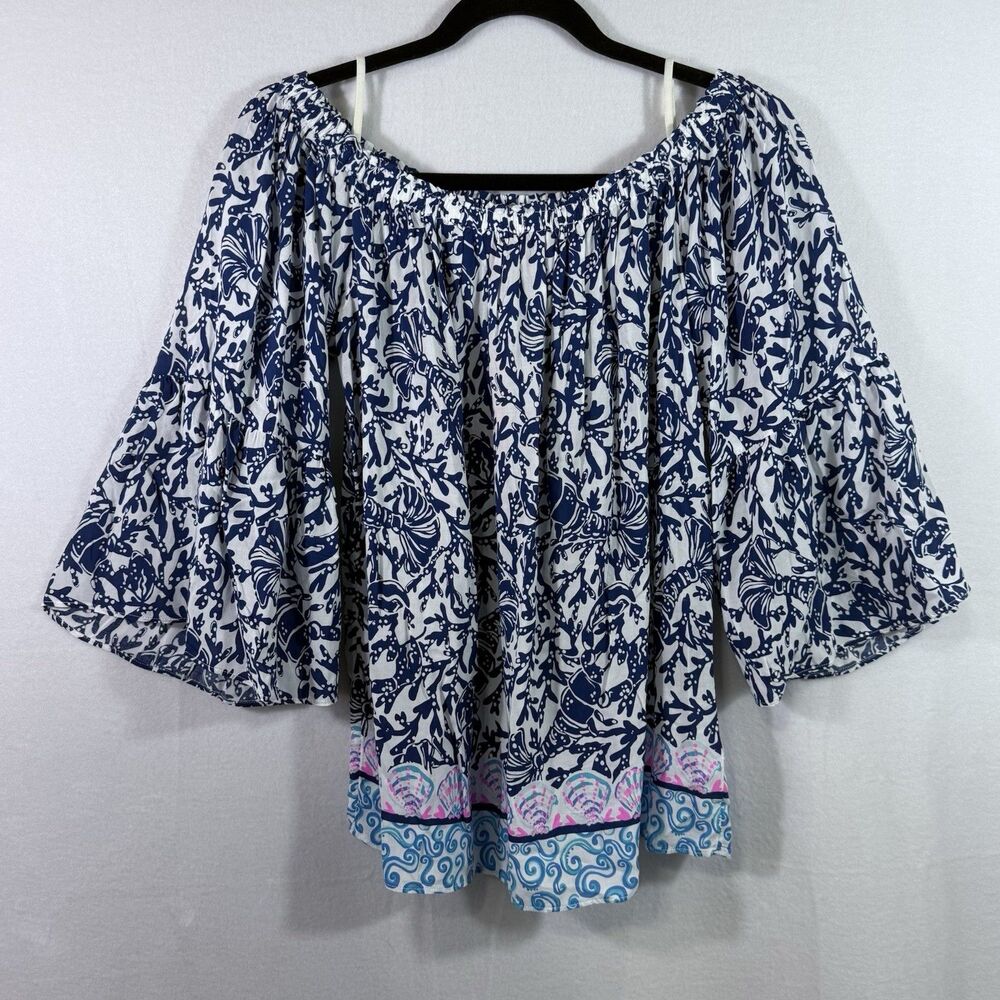 NEW Lilly Pulitzer Nevie Off-the Shoulder Oyster Bay Blue Top Blouse Size S Boho